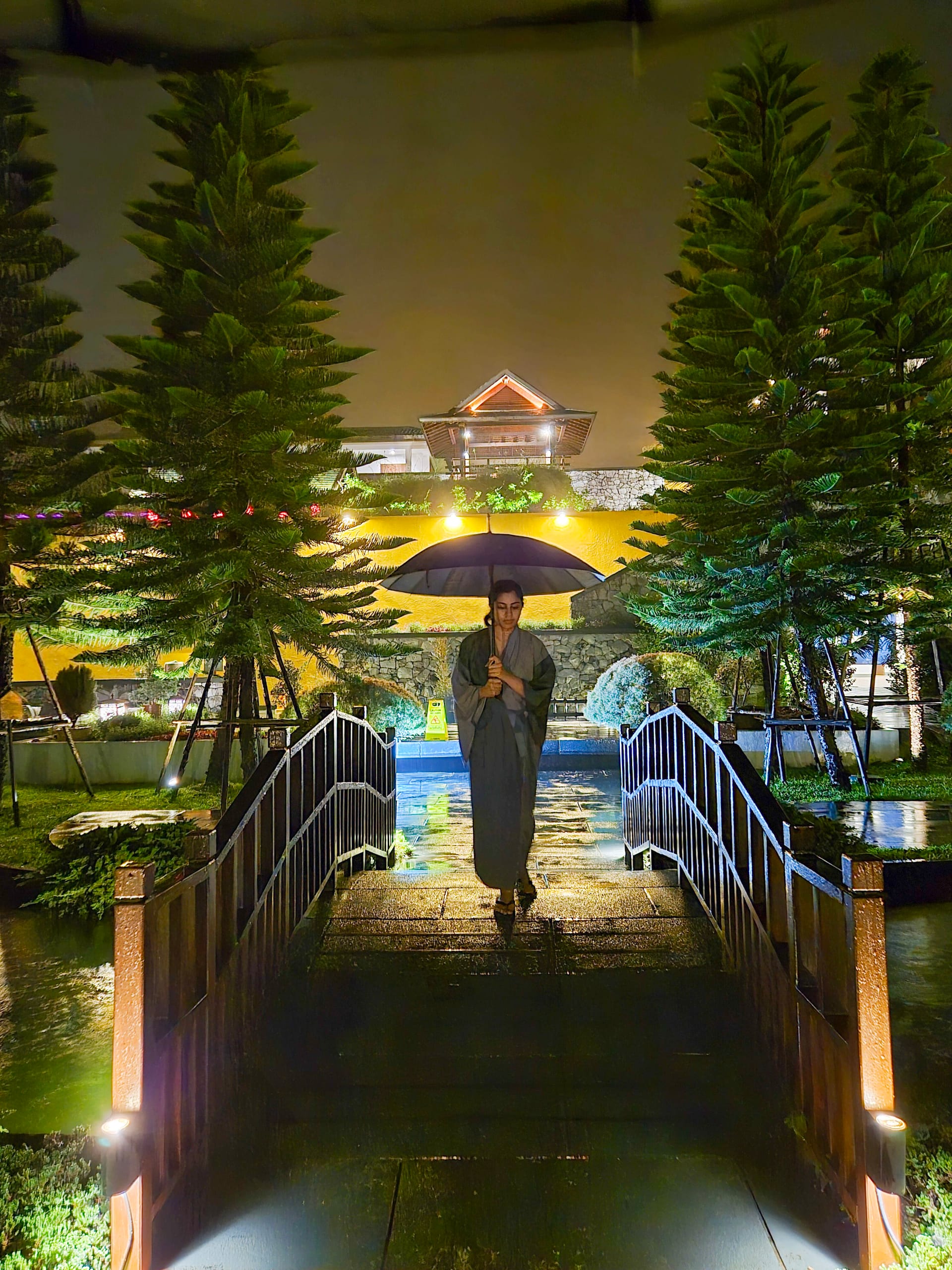 Walking through Onsen @ Moncham property at night in the rain